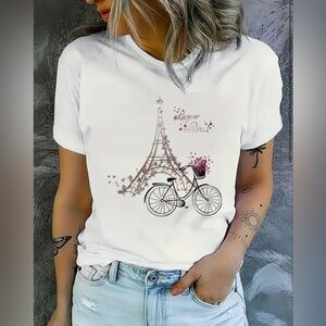 White Graphic Tee with Eiffel Tower Design